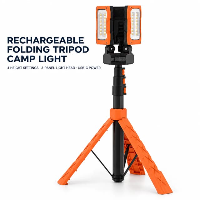 Rechargeable orange and black folding tripod camping work light