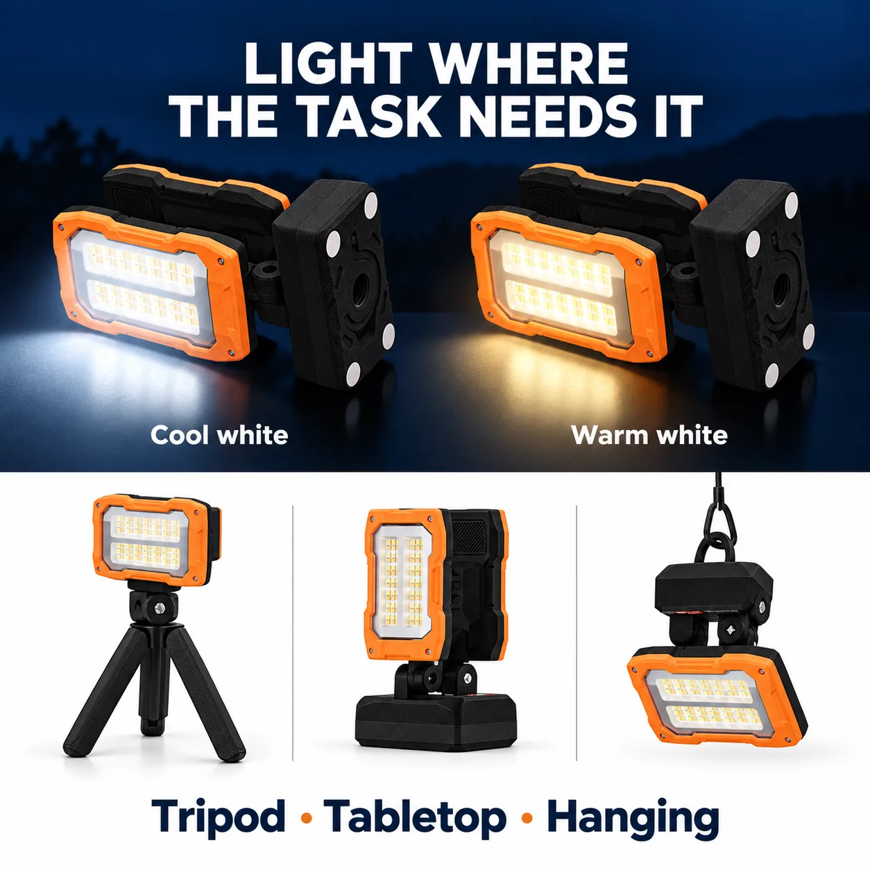Cool white and warm white tripod, tabletop, and hanging light modes