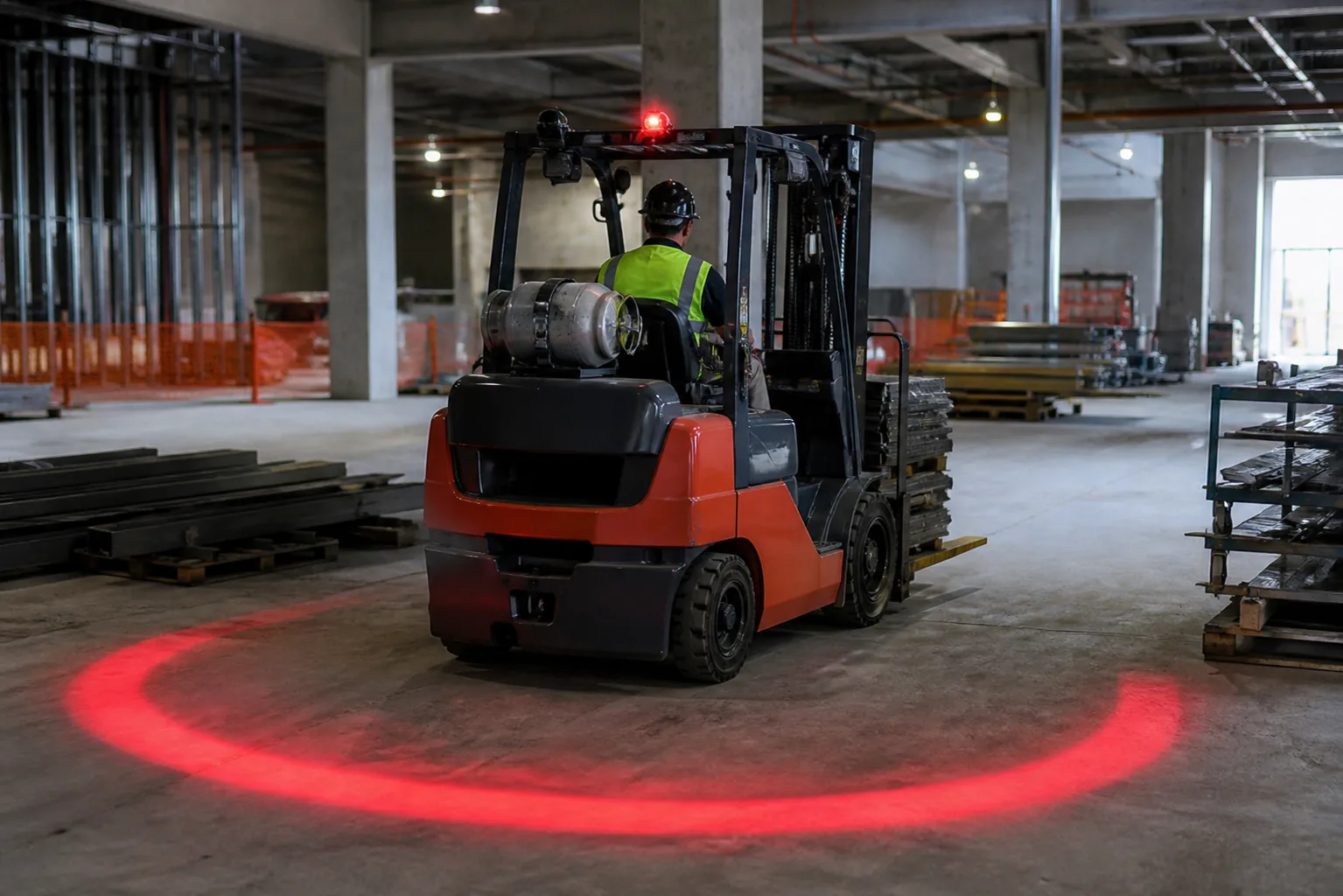 Forklift with a projected red safety zone in a construction staging area