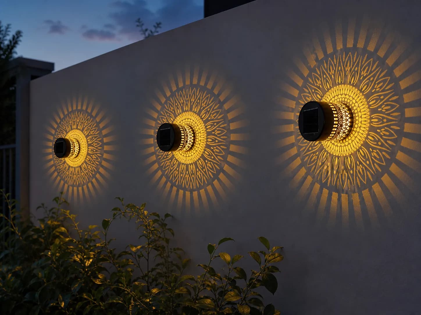 Solar pattern wall lights installed in an outdoor courtyard