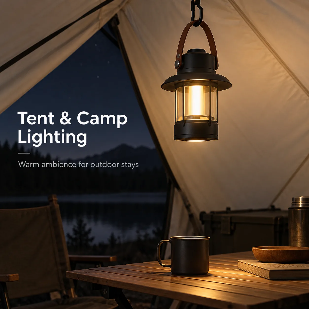 Solar retro camp lantern hanging in a tent and lighting a camp table