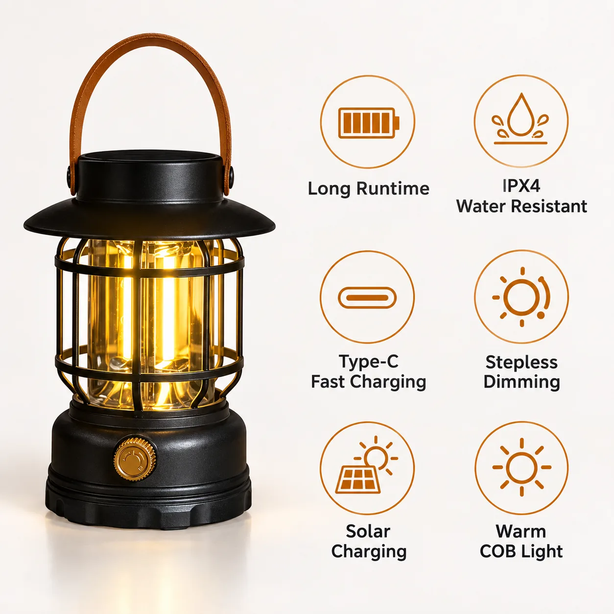 Solar camp lantern feature overview with long runtime, IPX4, Type-C, dimming, solar charging, and hanging use