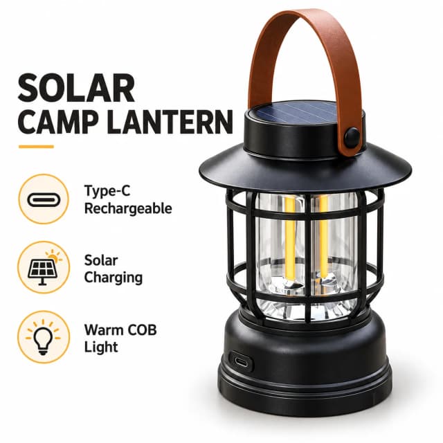 Solar retro camp lantern on a pure white product background