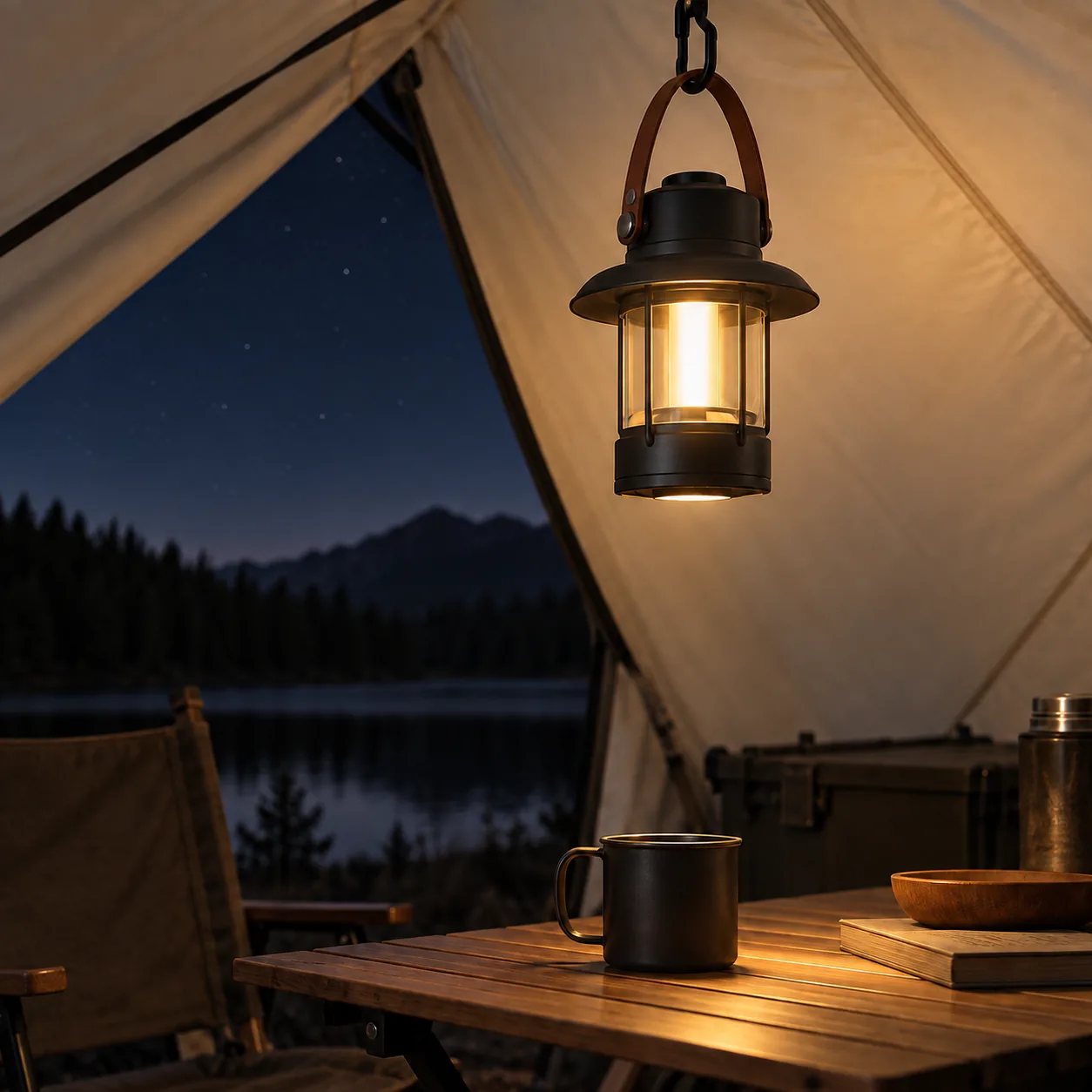 Solar retro camp lantern hanging inside a tent at night