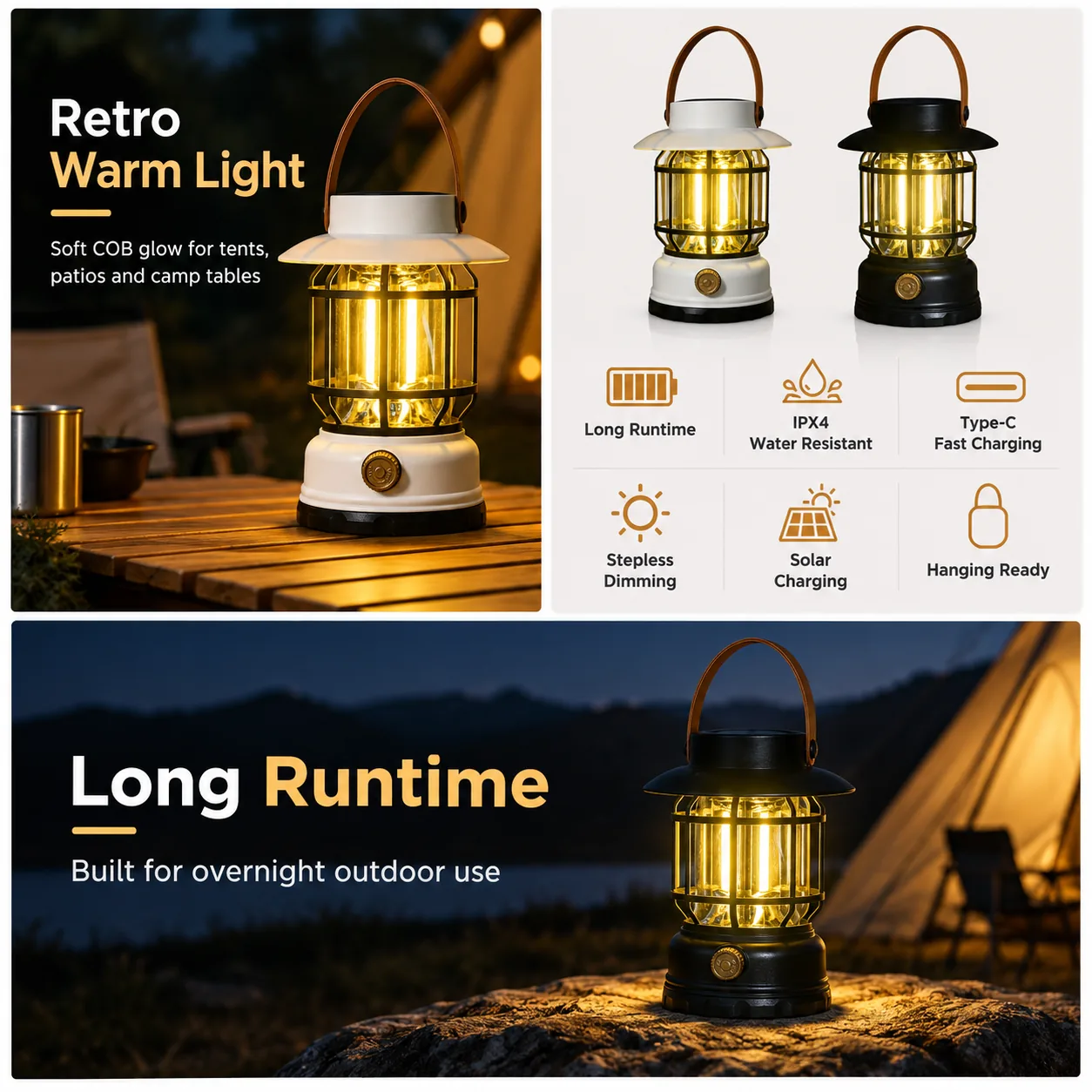 Solar retro camp lantern long runtime detail with campsite lighting