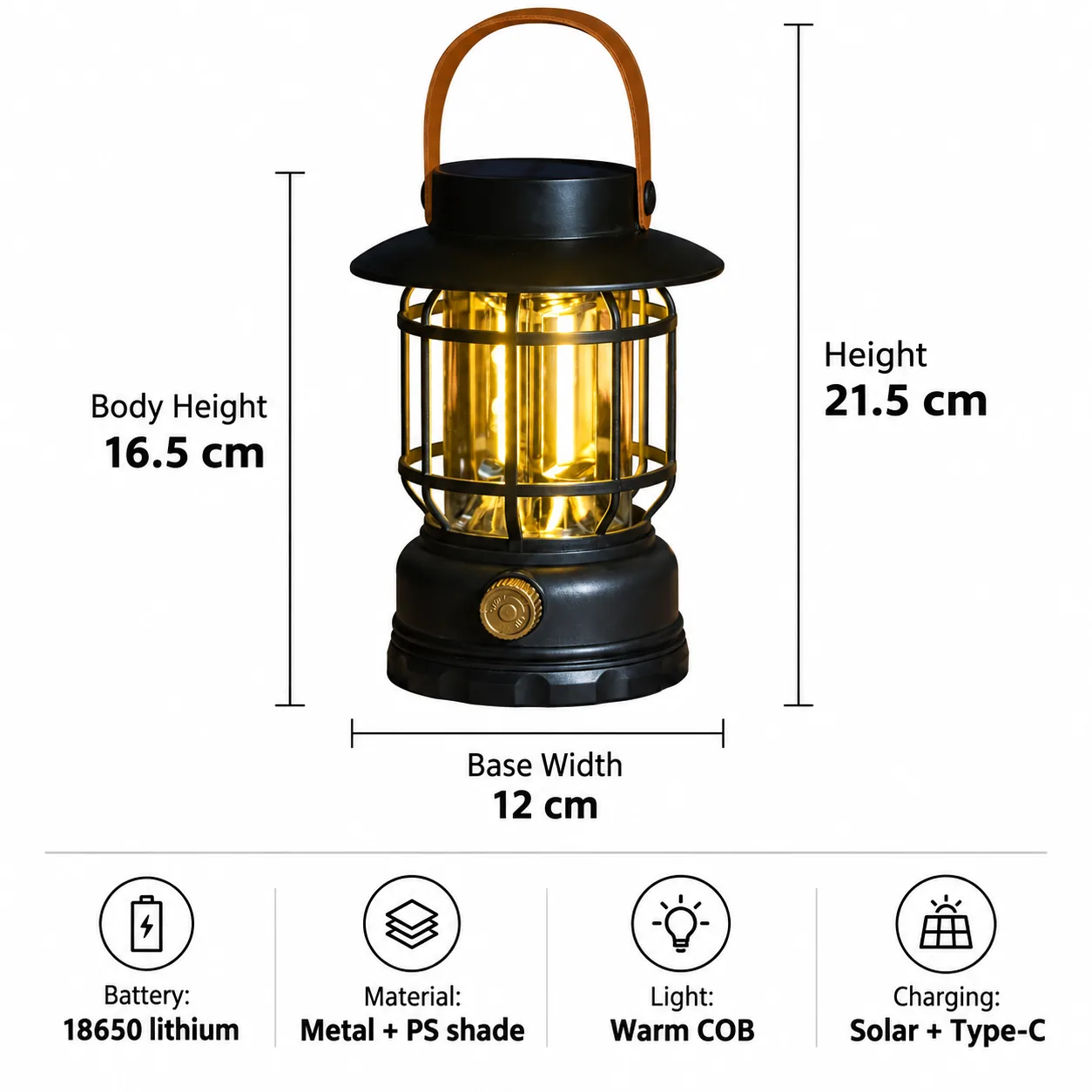 Solar retro camp lantern dimensions and specification board