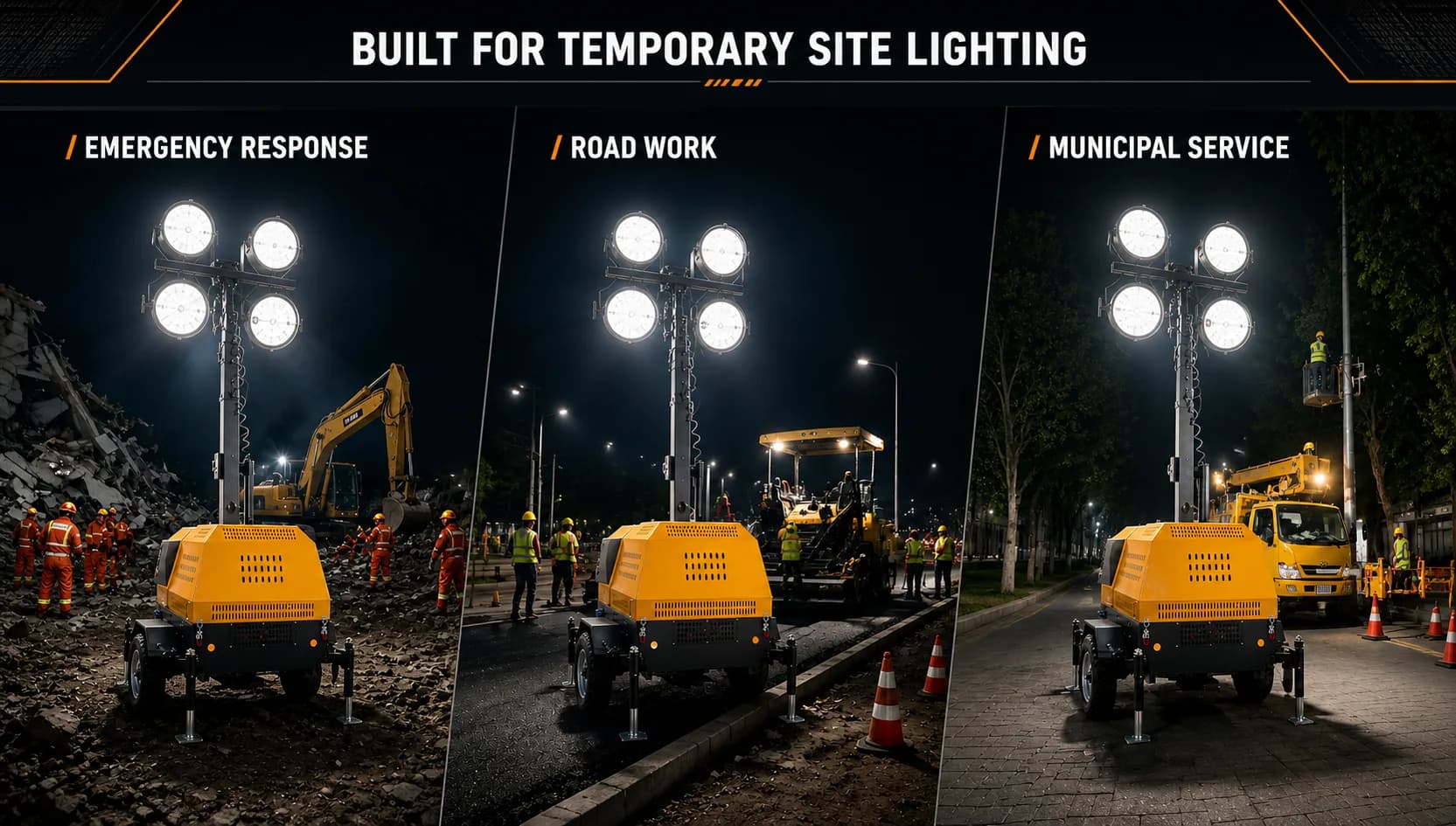 Temporary site light tower used in emergency response, road work, and municipal service
