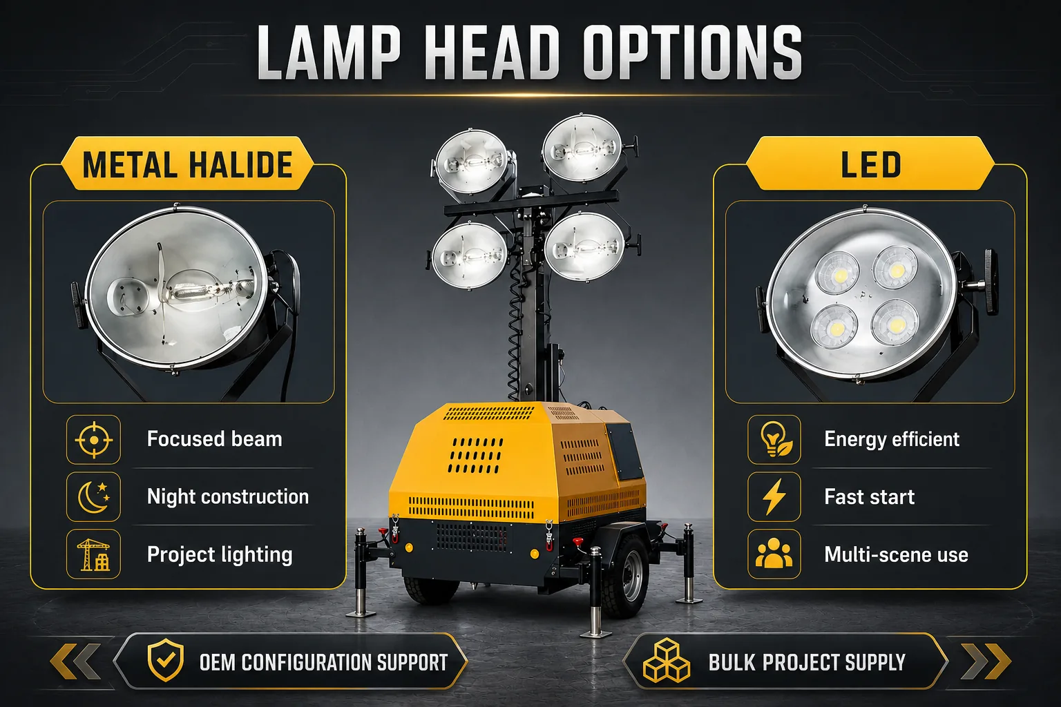 Temporary site light tower lamp head options comparing metal halide and LED