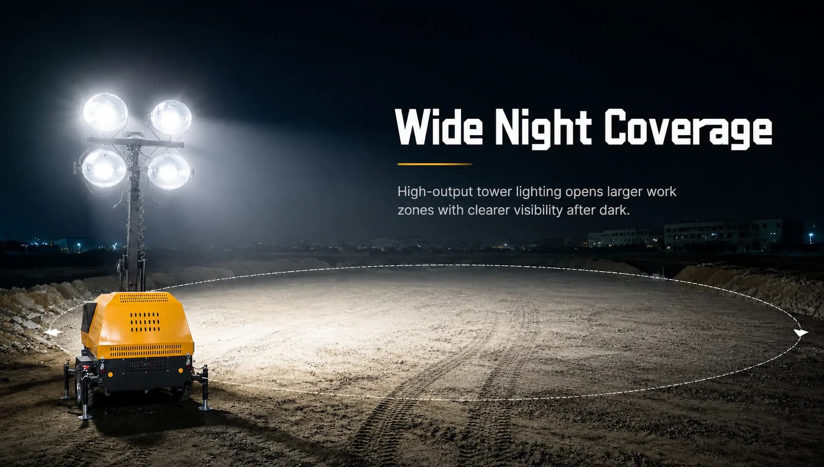 Temporary site light tower showing wide night coverage across a construction zone
