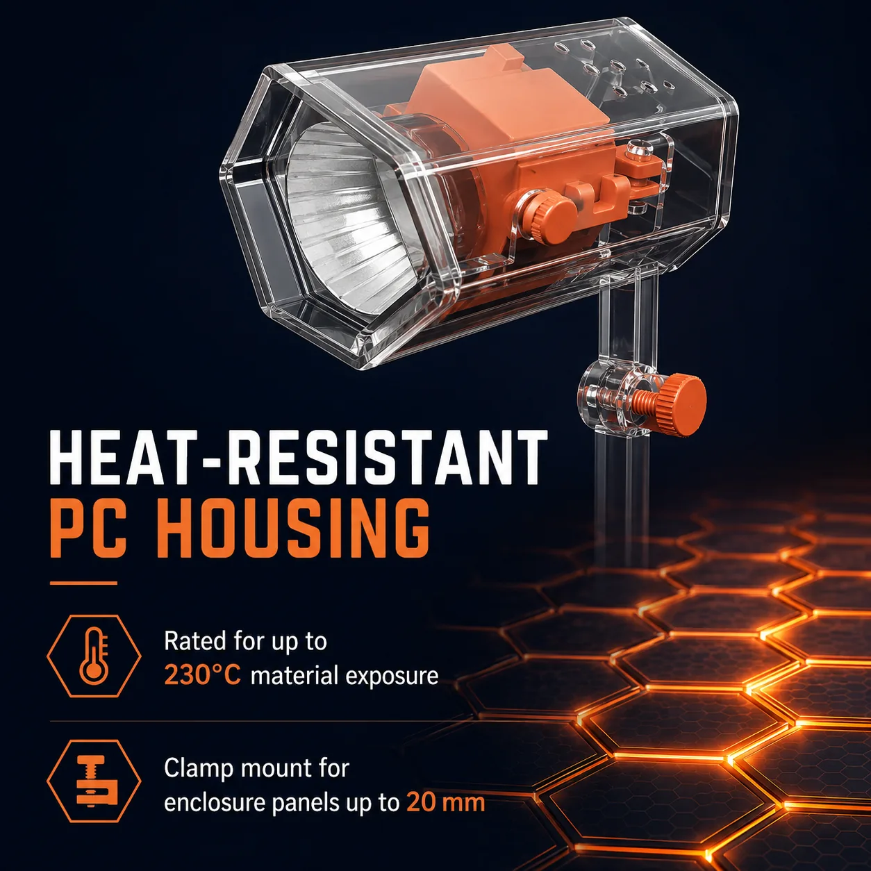 Heat-resistant PC housing and enclosure clamp details